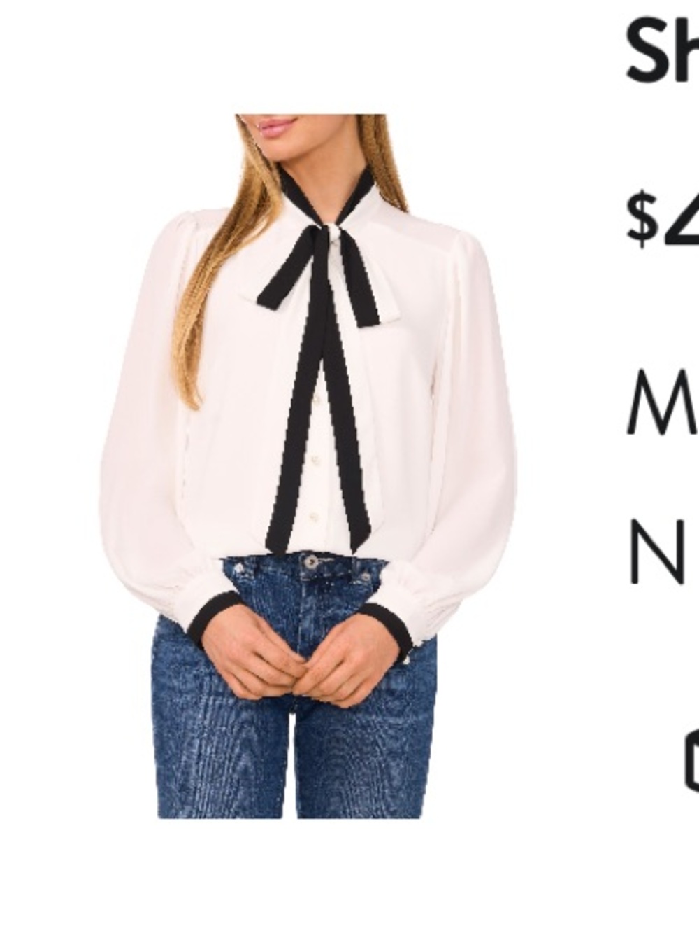 CeCe Ivory Button-Down Tie-Neck Blouse with Black Trim
